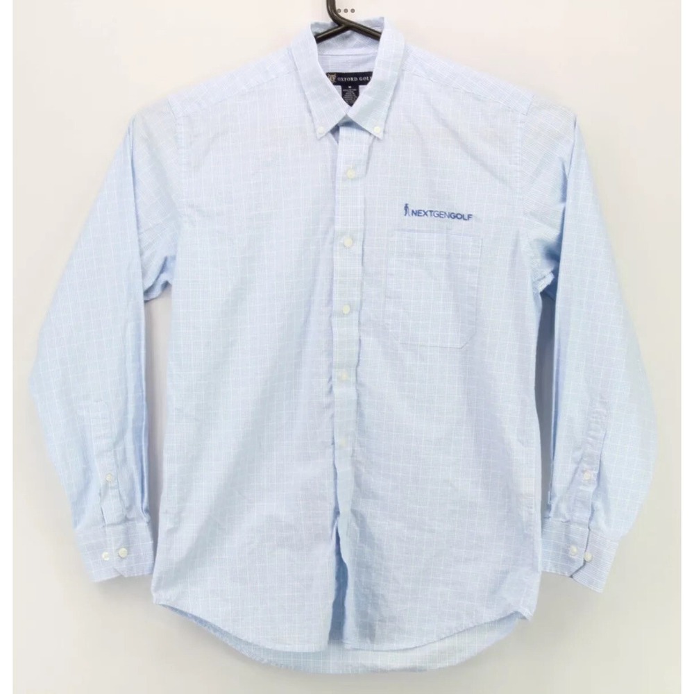 Oxford Golf Menss Button Down Long Sleeve Collared Shirt Medium Blue White Plaid